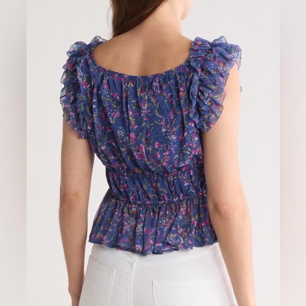 French Connection Gretha Blue Floral Ruffle Top - Picture 2 of 7